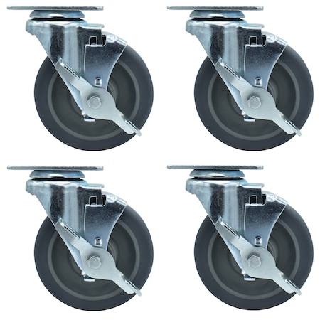 Bk Resources 5-inch Plate Casters, Gray Rubber Wheels, Top Lock Brake, 250lb Capacity, 4PK 5SBR-1PT-GR-PS4
